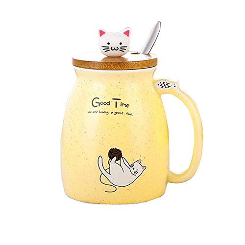 Taza de café de cerámica con tapa de madera, cuchara de acero inoxidable, taza de té y leche de Navidad, 380 ml (amarillo)