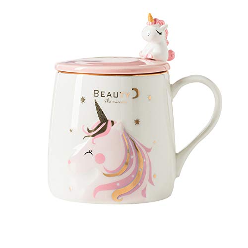 Taza Unicornio Taza de café de cerámica linda con una encantadora cuchara de unicornio, Copa de la mañana Café Novedad Té Leche Taza de navidad Regalo para niñas Amantes del unicornio 380ML (BFF)