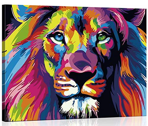 Toudorp Pintura por números Kit de pintura acrílica para bricolaje de animales - 40 cm x 50 cm Pintura colorida con patrón de león por números con 3 pinceles y marco de madera de colores brillantes
