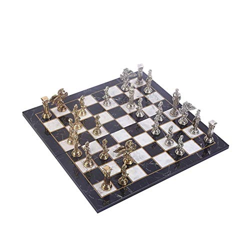 U/D Ajedrez Mythologic Pegasus Figuras Conjunto de ajedrez metálico para Adultos Piezas Hechas a Mano y diseño de mármol Tablero de ajedrez de Madera Rey 9.5 cm