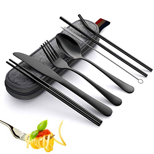 Utensilios Portátiles, Cubertería en Acero Inoxidable, Cubiertos de Viaje, Cubertería de Cámping, Incluye Cuchillo, Tenedor, Cuchara, Palillos, Pajitas, Brocha, Estuche Portátil (Negro)