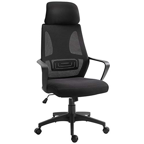 Vinsetto Silla de Oficina Ergonómica Silla de Escritorio Basculante Ajustable en Altura con Respaldo Reposabrazos Reposacabezas 5 Ruedas Soporta hasta 120 kg 64x58x116-126 cm Negro