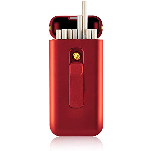 VIY Caja de Cigarrillo, Pitillera con Encendedor portátil, 20 Unidades de 100 Cigarrillos Delgados, mecheros USB 2 en 1, Recargables, sin Llama, Resistente al Viento, Rojo,Rojo