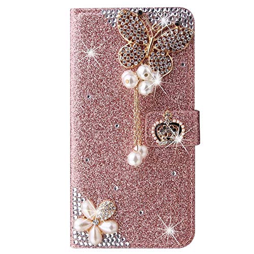 Xiaomi Redmi Note 9 - Funda 3D hecha a mano con diamantes brillantes y corona a prueba de golpes, piel sintética con tapa y tarjetero magnético para Xiaomi Redmi Note 9, color oro rosa Xiaomi Redmi Note 9 - Funda 3D hecha a mano con diamantes brillantes y corona a prueba de golpes, piel sintética con tapa y tarjetero magnético para Xiaomi Redmi Note 9, color oro rosa