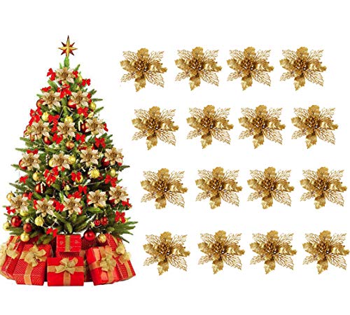 Xndryan Flores de árbol de Navidad, 16 piezas de flores artificiales con purpurina de 5.9 pulgadas doradas para decoración de árbol de Navidad