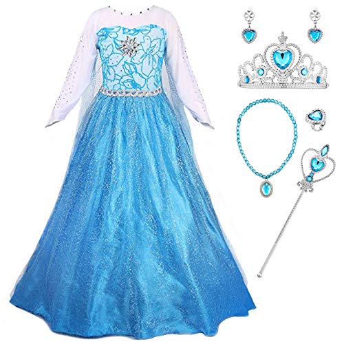 YOSICIL Vestido de Princesa Azul Disfraz de Frozen Elsa con Capa Larga Desmontable Disfraz con Accesorios Anillo Collar Pendiente Costume de Fiesta Vestido de Cumpleaños