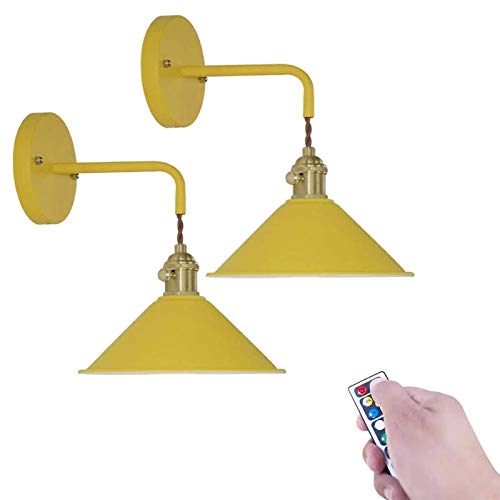 2 pack Vintage Industrial Wall Sconce Dimmable Wall Decor Lamp, Led Remote Control Battery Operated Indoor Not Hardwired Yellow Pendant Light for Galleries Aisle Kitchen Doorway