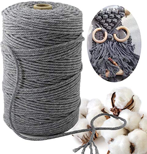 200mx3mm Cordón de macrame de Algodón, Macrame cuerda,Natural,Hecha a Mano Craft Cuerda DIY Natural Trenzado Algodón para DIY Planta de Colgar en la Pared Percha Hecha a Mano Craft(gris)