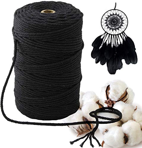 200mx3mm Cordón de macrame de Algodón, Macrame cuerda,Natural,Hecha a Mano Craft Cuerda DIY Natural Trenzado Algodón para DIY Planta de Colgar en la Pared Percha Hecha a Mano Craft(negro）