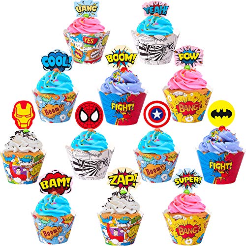 24 decoraciones para cupcakes y envoltorios de superhéroes para fiestas de cumpleaños de Spiderman, Superman, Batman, Capitán América Rächer, temática para niños y niños
