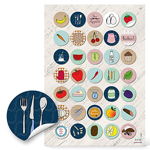 35 pegatinas pequeñas redondas de colores con hierbas y frutas y verduras, 3 cm, para decorar recetas, libros de cocina, vasos, libros de recetas, diseño retro