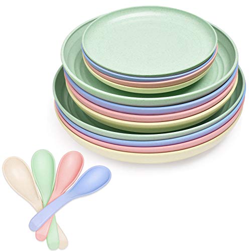 4 platos de paja de trigo con 4 cucharas de paja de trigo irrompibles, aptos para lavavajillas y microondas, irrompibles y ligeros, saludables para niños (15,2 – 22,5 cm)