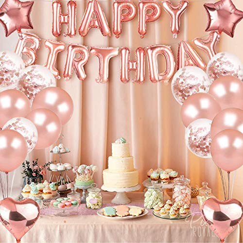 46 globos de cumpleaños de oro rosa con cinta de oro rosa, pancarta de feliz cumpleaños de Alldo, globos de papel de aluminio personalizados, decoraciones de fiesta para mujeres, niñas, hija