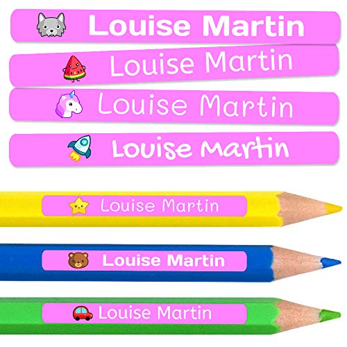 50 Etiquetas Adhesivas Minis Personalizadas para marcar objetos, lápices, bolis, etc. Medida 4,2 x 0,5 cm. Color Rosa