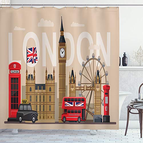 ABAKUHAUS Londres Cortina de Baño, Puntos de Referencia de Gran Bretaña, Material Resistente al Agua Durable Estampa Digital, 175 x 200 cm, Multicolor