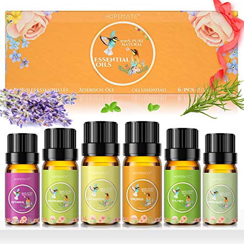 Aceites Esenciales para Humidificador, 100% Natural Puro Set de Regalo de Aromaterapia, 10ml x 6 Aceite Eesencial Lavanda, Árbol de Té, Eucalipto, Naranja, Menta Piperita, Hierba de Limón