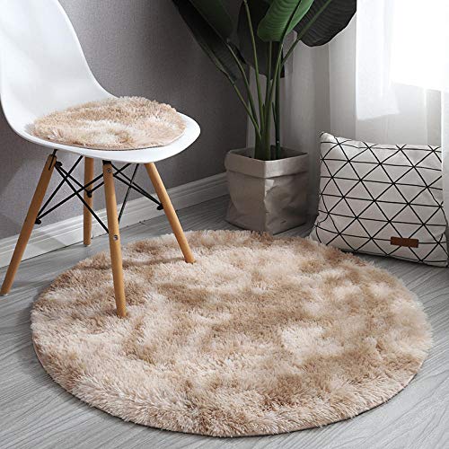 Alfombra Redonda de Pelo Largo con teñido Anudado, Cesta Colgante, Silla para computadora, tocador, tapete para guardarropa-Caqui_200 cm de diámetro