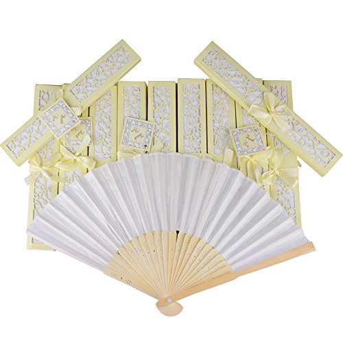 AONER 20pcs Abanico Blanco de Boda Plegable de Mano Tela Regalo Recuerdo Detalle para Invitados de Boda Fiesta o Baile Arte Madera con Caja Papel para Guardar (Abanico Blanco + Caja Beige)