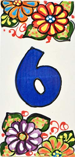 ART ESCUDELLERS Números casa. Numeros y Letras en azulejo de Ceramica Hechos y Pintados a Mano, para Placas con Nombres, direcciones y señaléctica. Diseño Jardin 14,5 cm x 7 cm. (Numero Seis 6")