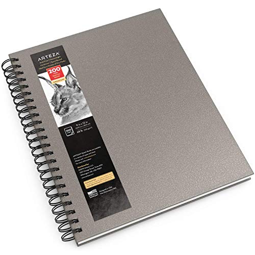 Arteza Cuaderno de dibujo, 9x12” (22,8 x 30,4 cm), bloc de dibujo, 100 hojas, papel grueso 100 GSM, tapa dura color gris, espiral, para lápices de colores y grafito, carbón, bolígrafo y medios secos