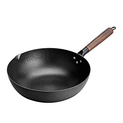 Auténtica lana martillada a mano. Wok de 12 pulgadas (32 cm de fondo plano) Olla de hierro china hecha a mano, apta para cocina de inducción y gas natural