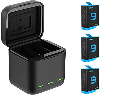 AuyKoo Cargador de Batería de 3 Canales+3 Baterías de Iones de litio para GoPro Hero 9 Black, Batería Recargables Caja de Carga de Set con Kit de Accesorios de Cable USB Tipo C para GoPro Hero 9 Black