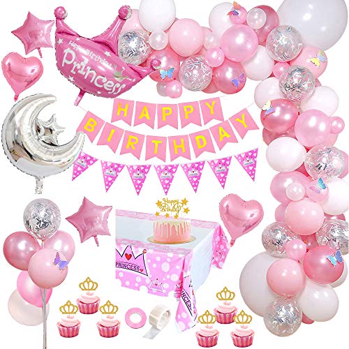 AYUQI Decoración de Cumpleaños para Niña con Adorno de Pastel de Bricolaje, Rosa Pancarta de Feliz Cumpleaños, Globos Papel de Aluminio Corazón Estrella, Decoraciones para Cumpleaños