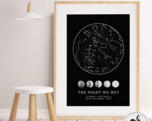 AZSTEEL Night We Met Star Map Print, Star Chart Print, Night Sky Map, Custom Star Map Print, Constelación, Moon Phases | Póster sin marco para decoración de oficina, el mejor regalo para familia y