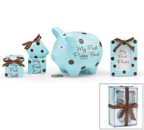 Baby Boy 4 Piece Keepsake Gift Set With Piggy Bank, First Tooth Box,First Curl Box and Photo Frame by Burton & Burton