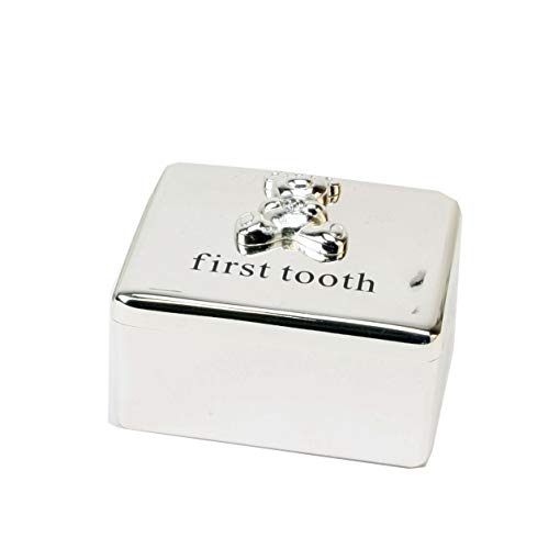 Bambino Baby Christening Gifts. Silverplated First Tooth Keepsake Box with Teddy Bear Decoration