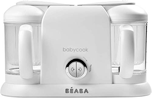 BÉABA Babycook Duo, Robot de cocina infantil 4 en 1, Tritura, cocina y cuece al vapor, Rápido en 15 minutos, Comida casera para bebés y niños, Capacidad XXL, 2 x 200 ml, Blanco/Plato