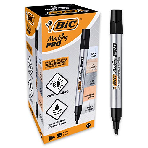 BIC Marking Pro - Caja de 12 unidades, marcadores permanentes punta biselada, color negro