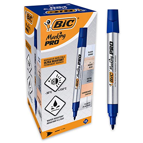 BIC Marking Pro - Caja de 12 unidades, marcadores permanentes punta cónica, color azul