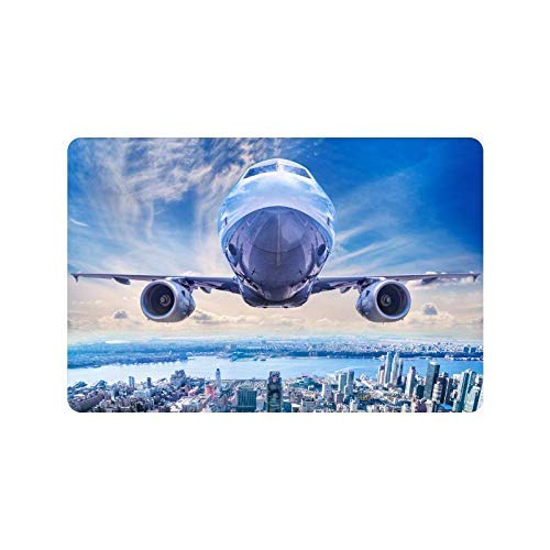 Bikofhd Airplane Airliner in The Sky Above New York City Doormat Non-Slip Indoor and Outdoor Door Mat Rug Home Decor, Entrance Rug Floor Mats Rubber Backing, 23.6"(L) x 15.7"(W)