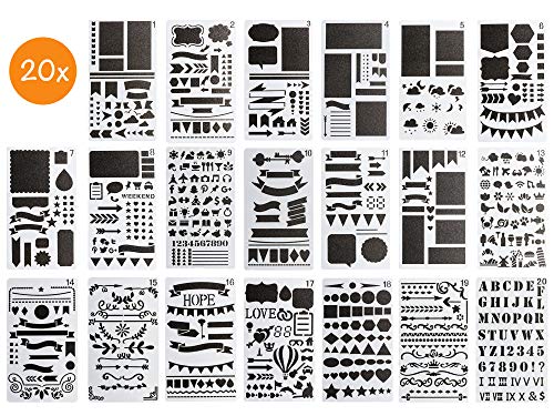BLISSANY Stencil Set - 20 piezas, plantilla de plantillas para el dibujo, para Bullet Journal, scrapbooking, bricolaje, muchos diseños diferentes - letras, números, patrones - hechos de plástico