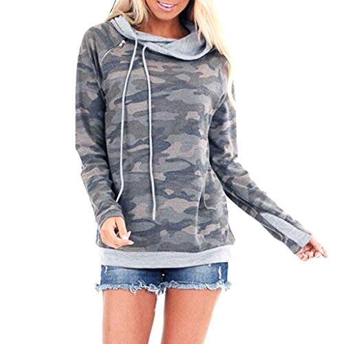 BOIYI Women's Camouflage Printed Hooded Long Sleeve Jumper T-Shirt Casual Loose Hoodies Pullover Sweater Sports Blouse Top(Grey,L)