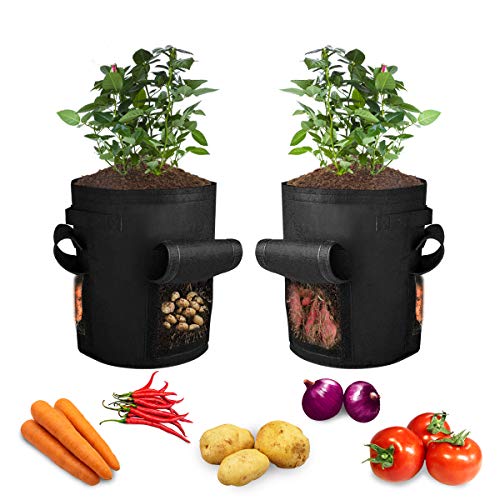 Bolsas de cultivo de patatas, paquete de 2 bolsas de plantación de plantas de jardín de 7 galones, macetas, contenedor de verduras con asas y 3 ventanas visualizadas para patatas, tomates y zanahorias