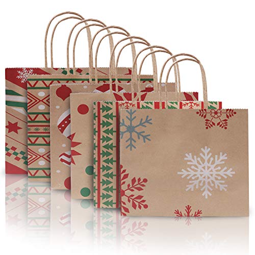 Bolsas Papel Navidad (Pack de 24) Bolsa de Papel Kraft Envolver Regalos 22cm x 9cm x 18,5cm Bolsas Papel con Asas Fiesta Navidad, Regalos