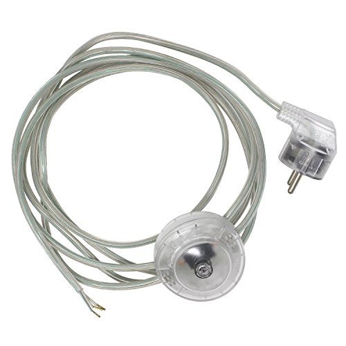 Cable de conexión alimentación con clavija enchufe Schuko interruptor de pie 3x0,75 longitud 3 metros (100cm a clavija schuko 200cm a extremo libre) en color Transparente