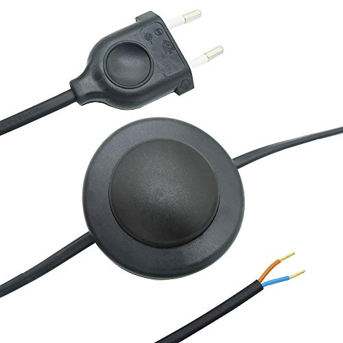 Cable de conexión de 3,00 m, 2 G, color negro, enchufe europeo + interruptor de pedal, cable de conexión 2 x 0,75 mm², 250 V, listo para conectar, cable de alimentación para lámparas