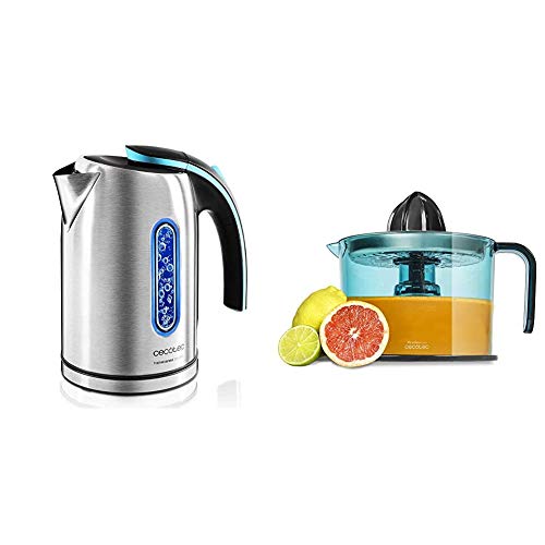 Cecotec Hervidor de Agua Eléctrico ThermoSense 270 Steel. 1,7 litros, Libre de BPA + Zitrus Easy Inox - Exprimidor Eléctrico, Filtro de Acero Inoxidable, Tambor de 1 Litro