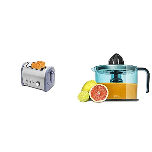 Cecotec Tostadora Acero Steel&Toast 2S. 6 Niveles de Potencia, Capacidad para 2 Tostadas, 3 Funciones + Zitrus Easy Inox - Exprimidor Eléctrico, Filtro de Acero Inoxidable, Tambor de 1 Litro