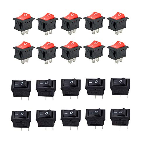 CESFONJER Mini Interruptores Basculantes, AC 10A / 125V, 6A / 250V 2 Pin ON/Off SPST Interruptores para Coche (10 Pcs Negro, 10 Pcs Rojo)