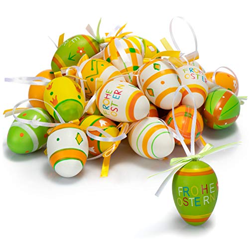 com-four® 24x Huevos de Pascua Pintados a Mano para Colgar - Decoraciones de Pascua Diseños Geniales y con Cuerda para Colgar (Set02-4 Colores - 24 Piezas)