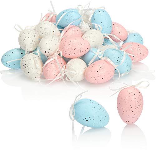 com-four® 36x Huevos de Pascua Pintados a Mano para Colgar - Decoraciones de Pascua en Colores Pastel con Diseños Geniales y con Cuerda para Colgar (Blanco/Azul/Rosa)