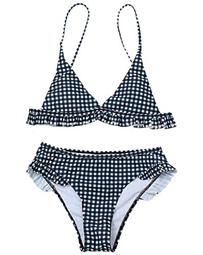 Conjunto de Bikini de Impresión a Cuadros con Volantes para Mujer Traje de Baño de Playa Acolchado Traje de Baño de Bikini de 2 Piezas