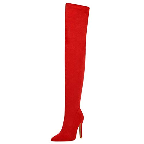 COOLCEPT Mujer Elegante Tacón de Aguja Botas de Muslo Puntiagudo Botas Cremallera Botas Altas de Muslo Red Talla 39 Asian