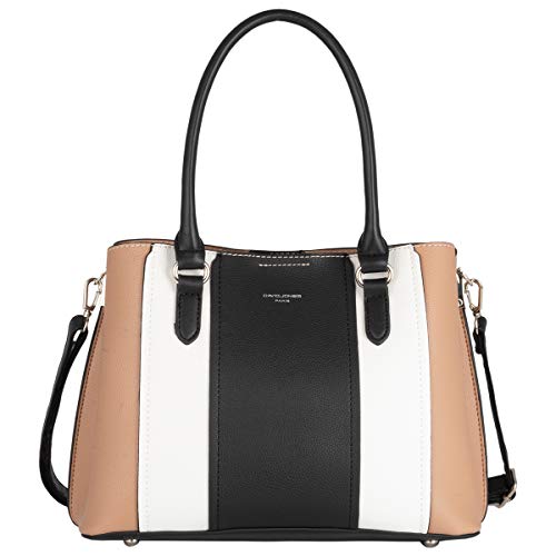 David Jones - Bolso de Mano Multicolor Mujer - Bolso Bandolera Hombro Cuero PU Rayas - Satchel Tote Shopper Bag Elegante Media - Messenger Crossobody Bag - Moda - Negro