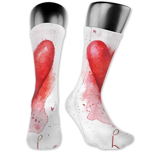 DHNKW Socks Compression Medium Calf Crew Sock,Watercolor Heart Form With Leaking Splash Elements On It Flower Boho Valentines Print