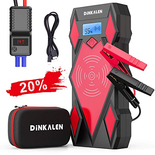 DINKALEN Arrancador de Coches, 20000mAh 1600A Arrancador de Baterias de Coche (para Todo vehículo de Gasolina o 6.0L de Diesel), con Cargador Inalámbrico y Linterna LED, Tipo-C de Entrada/Salida